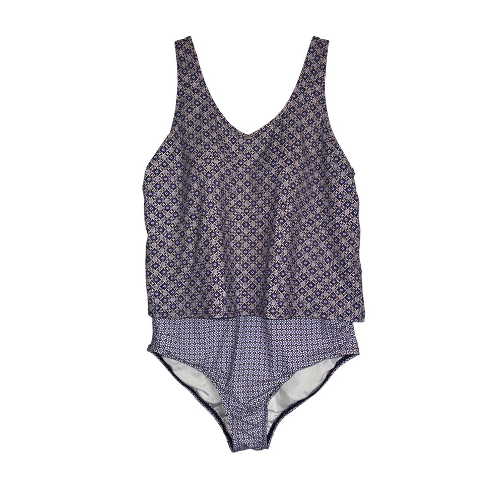 Lands End Womens Purple Geometric Floral Blouson One Piece Swimsuit Size L 14-16